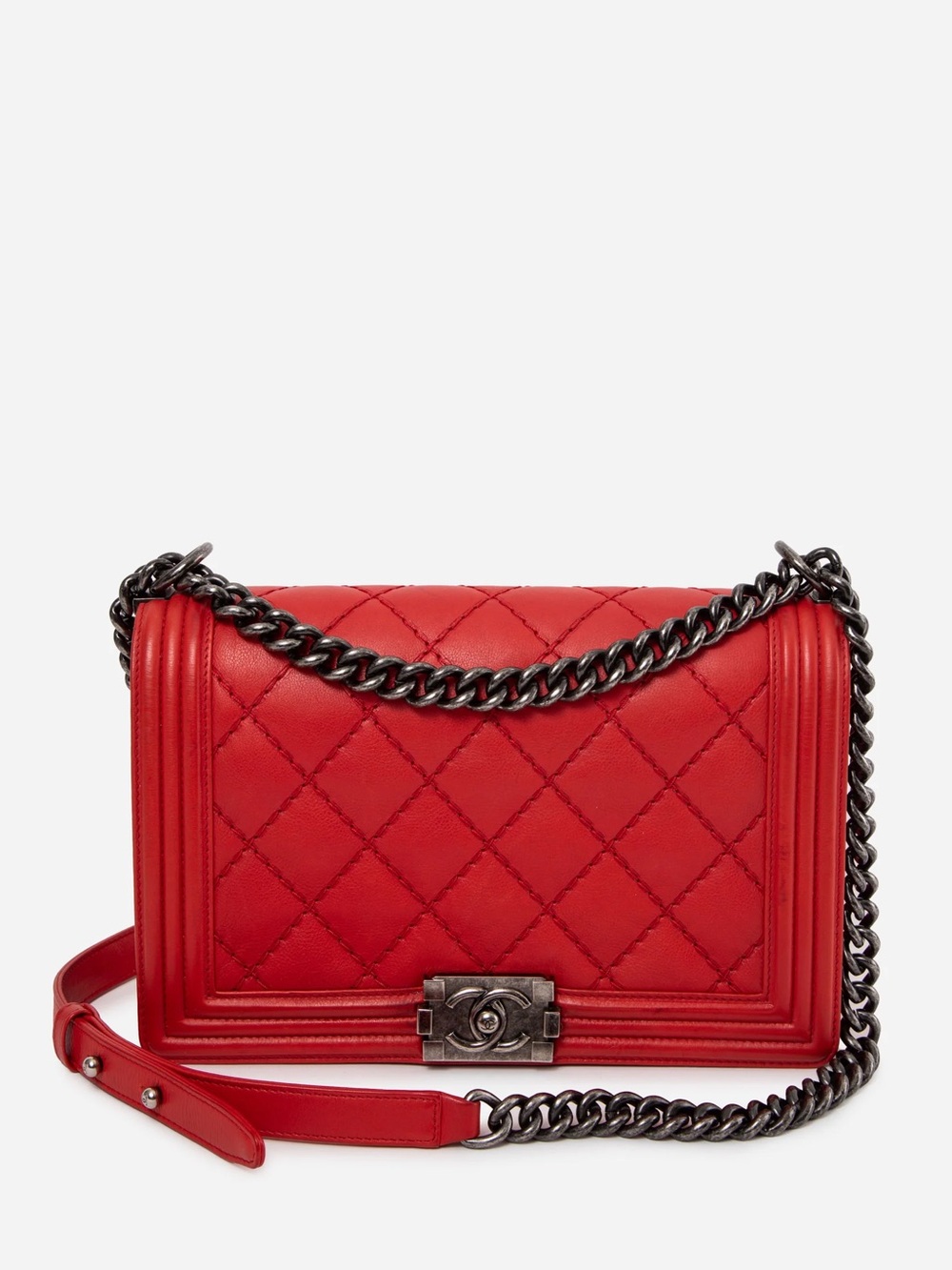 Pre-Owned Chanel 2014 Red Calfskin New Medium Quilted Double Stitch Boy Flap Bag